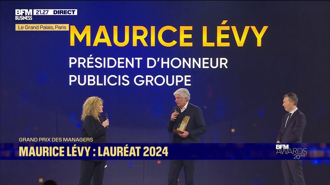 BFM Awards : Benjamin Smith, DG d'Air France-KLM, remet le Grand Prix des Managers 2024 à Maurice Lévy, président d'honneur de Publicis, qui le transmet à Hélène Huby, cofondatrice de The Exploration Company et Arthur Mensch, PDG de Mistral AI
