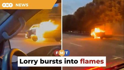 Lorry bursts into flames, driver jumps off to escape