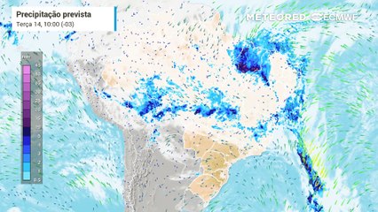 Precipitação e nebulosidade prevista entre terça-feira (14) e quinta-feira (16).
