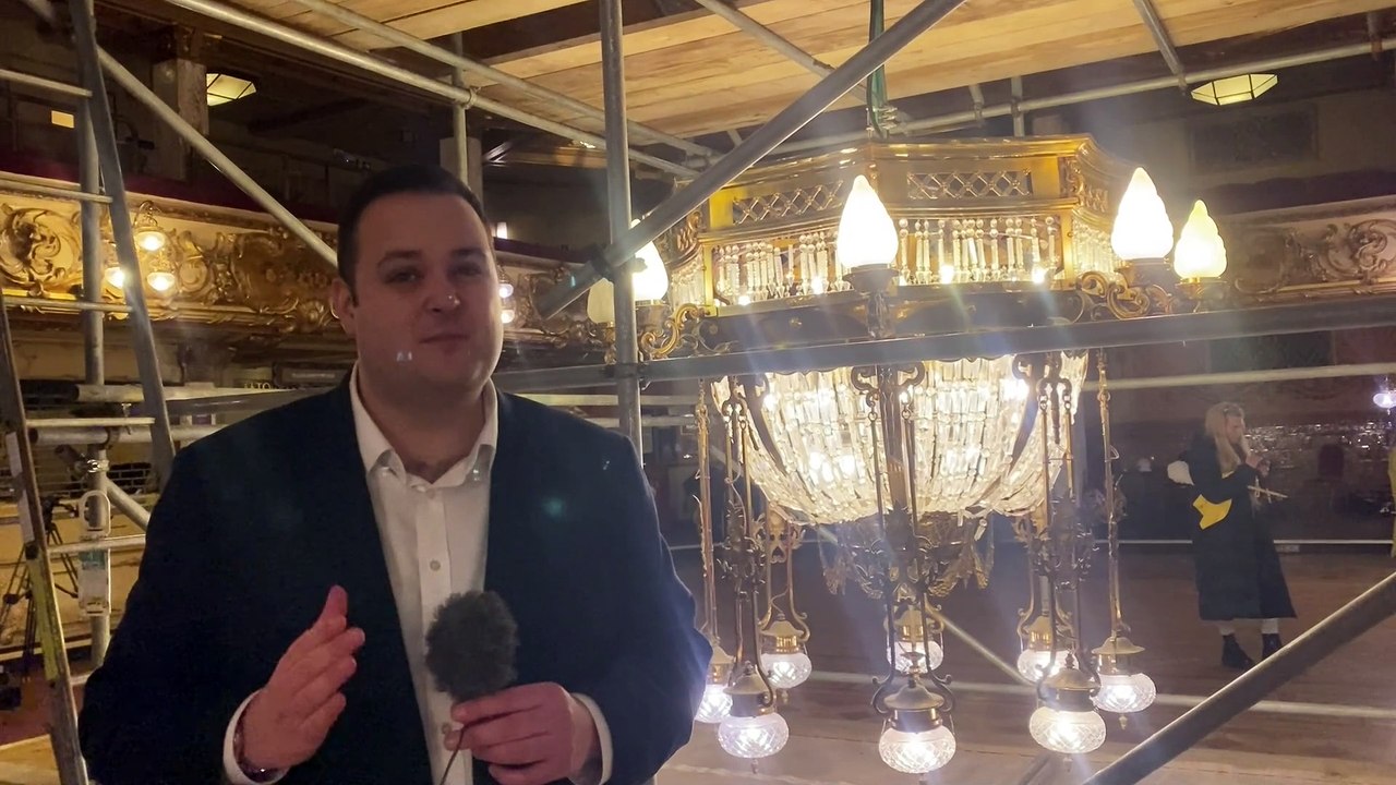 All of the chandeliers in the Blackpool Tower ballroom get lowered to the ground.