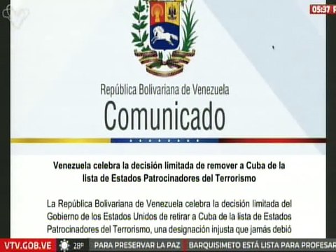 Venezuela celebra decisión limitada de remover a Cuba de Estados Patrocinadores del Terrorismo