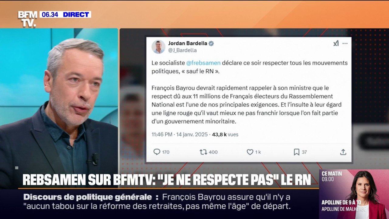 "Je respecte toutes les forces politiques sauf le RN": la phrase du ministre François Rebsamen fait réagir Jordan Bardella