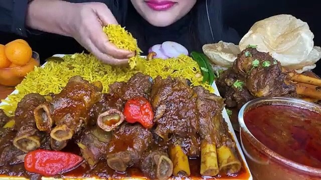 SPICY_ MUTTON CURRY,LUCHI_POORI,BASANTI PULAO l FOOD EATING l MUTTON LEG PIECE (2KG MUTTON) MUKBANG
