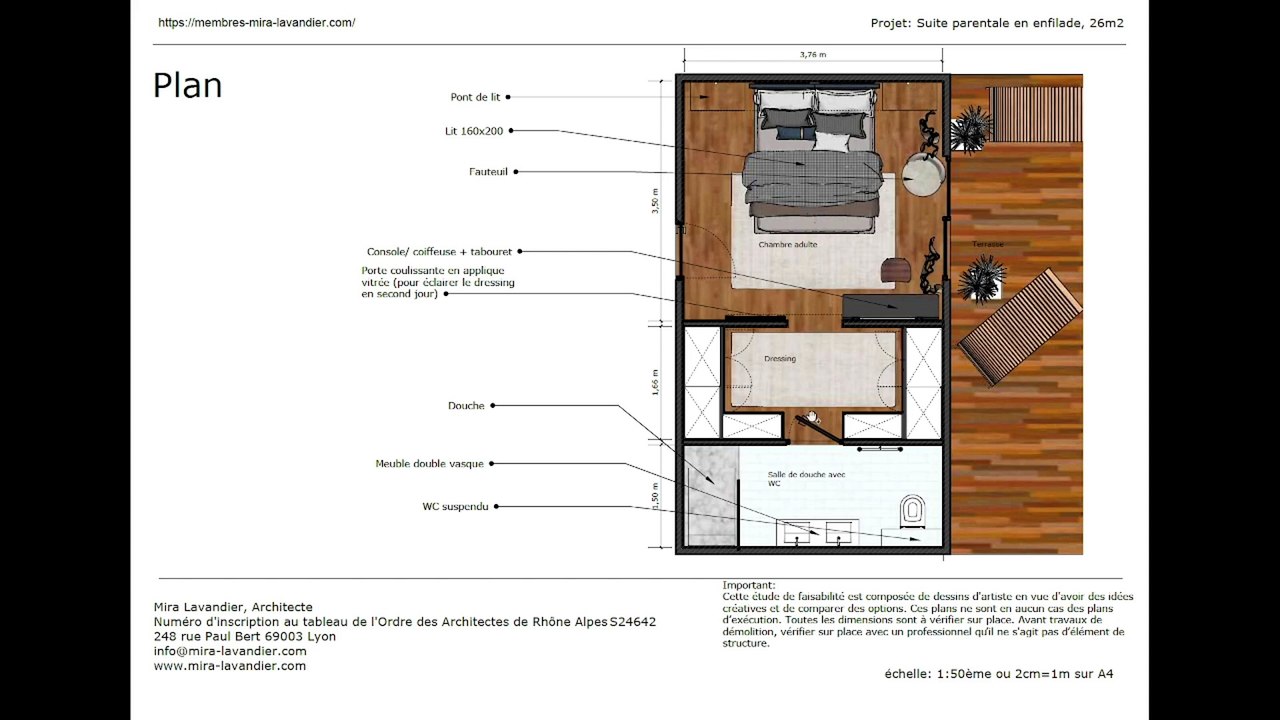 Aménagement de suite parentale avec salle de bain et dressing, plan en enfilade