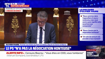 Motion de censure: "Nous n'accepterons pas le statu quo", déclare Olivier Faure (PS)