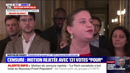 "Nous n'accepterons jamais un gouvernement qui ne respecte pas le résultat des urnes", affirme Mathilde Panot après le rejet de la motion de censure