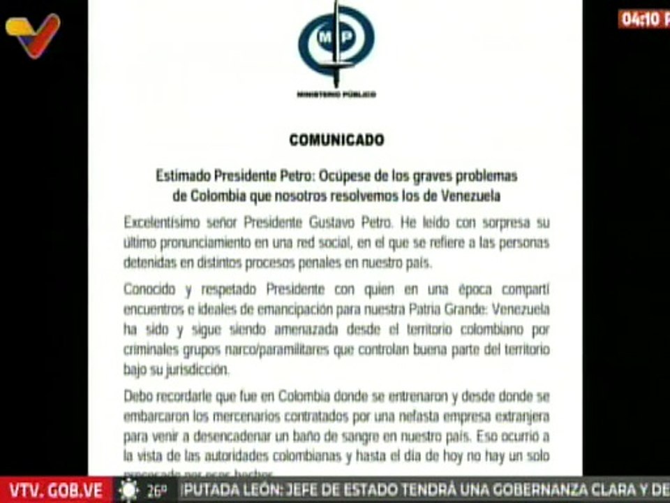 Ministerio Público rechaza de manera categórica pronunciamiento del Presidente Gustavo Petro