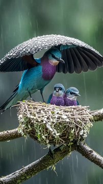 Vibrant Mother Bird Guarding Her Chicks from a Downpour in Their Nest