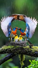Rainy Day Sanctuary: Parent Birds Displaying Care with Their Protective Wings