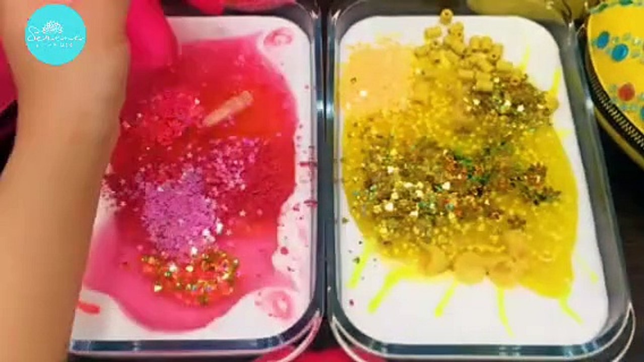 Yellow Vs red ASMR Slime Mixing with Makeup & Glitter! ✨