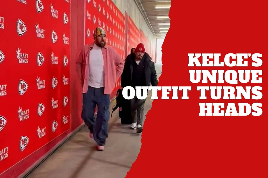Travis Kelce arrives at Chiefs vs Texans game wearing an uncommon outfit featuring a colorful hat