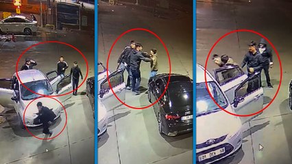 Akaryakıt istasyonunda husumetlilerini darbederek kaçırdılar; o anlar kamerada