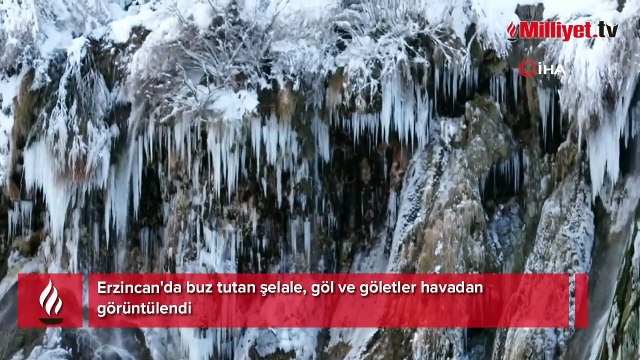 Erzincan'da buz tutan şelale, göl ve göletler havadan görüntülendi