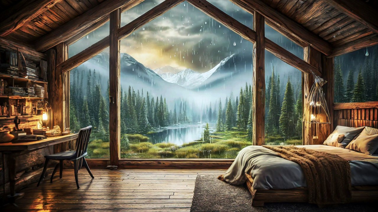 Wooden cozy Room with Mountain Valley view - Rain on window, Soft Rain sound for Sleeping, Relaxing