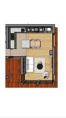 Cuisine ouverte sur salon avec îlot central sur 45m2