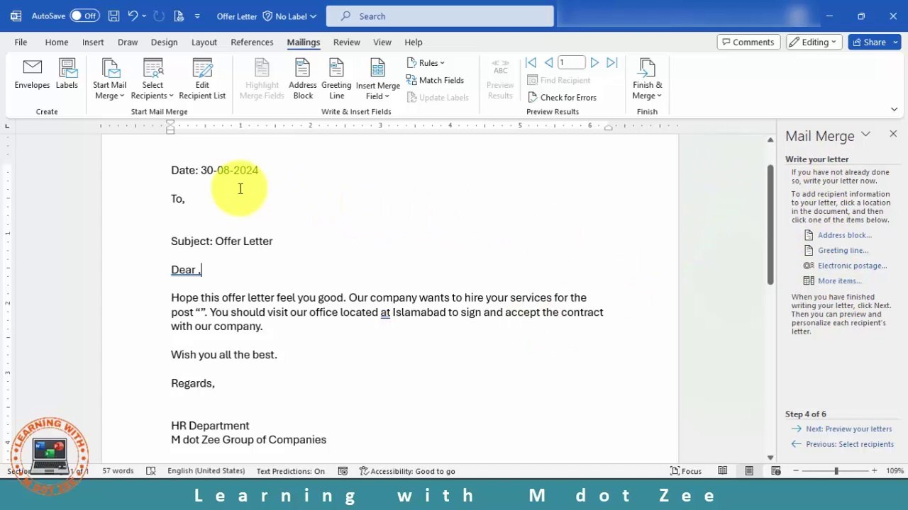 Mail Merge in Word | Microsoft Word Tutorial | LECTURE # 11 | Learning with M dot Zee
