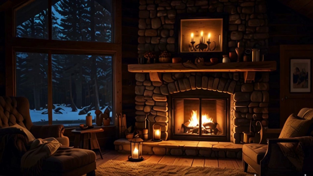 Relaxing Winter with Soft Jazz Music on Forest Cabin Ambience ⛄ Fireplace Sounds for Unwind