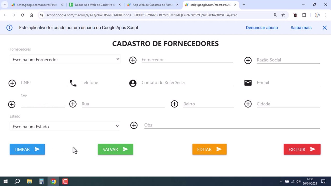 Planilhas Google - Página App Web de Cadastro de Fornecedores - Google Apps Script