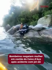 Bombeiros resgatam mulher em costão do Caixa d'Aço após acidente com jet ski