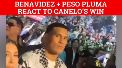David Benavidez looks disgusted while Peso Pluma celebrates Canelo Alvarez win