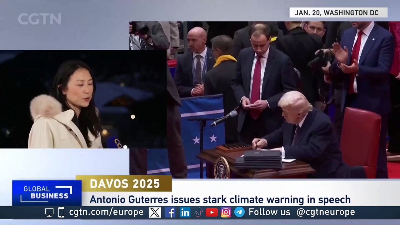 The UN Secretary-General António Guterres addresses the World Economic Forum in Davos, Switzerland. He urged governments and corporate leaders to 'stay on the right side of history' on climate action.