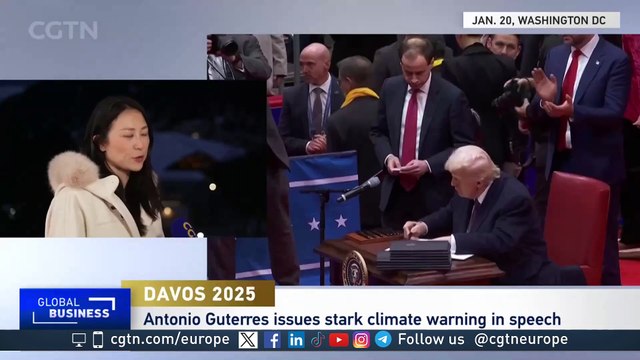 The UN Secretary-General António Guterres addresses the World Economic Forum in Davos, Switzerland. He urged governments and corporate leaders to 'stay on the right side of history' on climate action.
