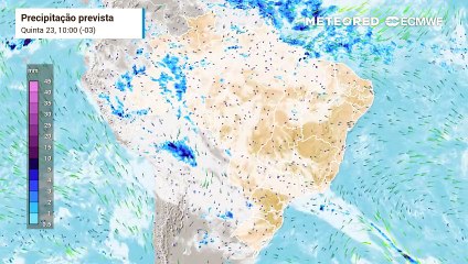 Previsão de nebulosidade e chuva entre a quinta-feira (23) e sábado (25), segundo o modelo ECMWF.