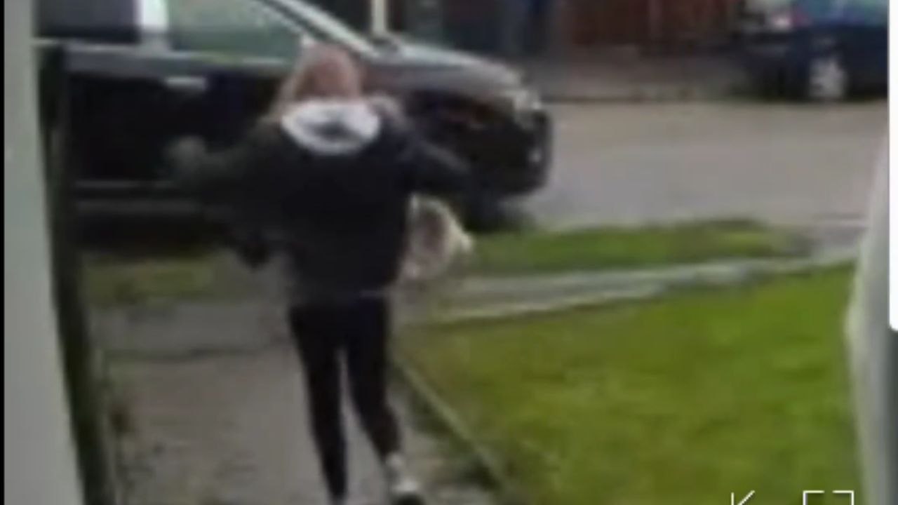 Woman meets the ground in a comedic fall near her car