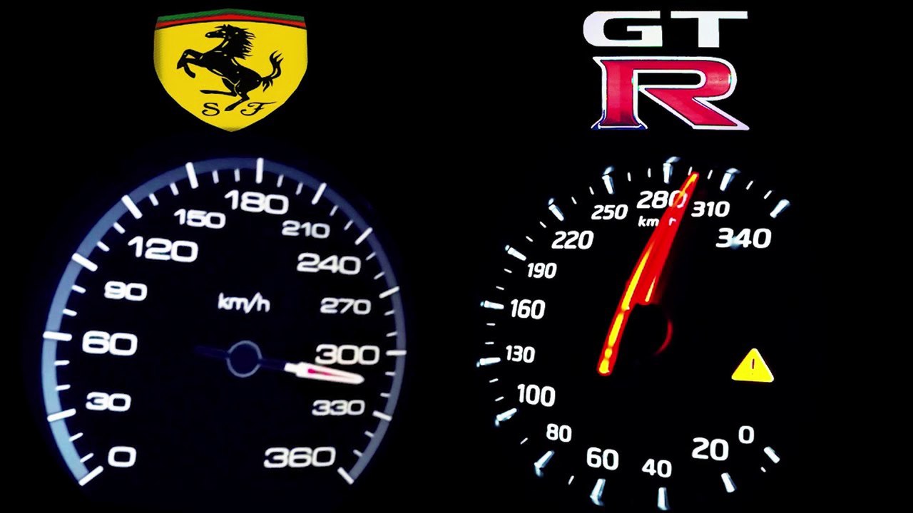NISSAN GTR vs FERRARI 458 ITALIA 0-300 Acceleration Onboard Autobahn ECC RENT Mietwagen mieten