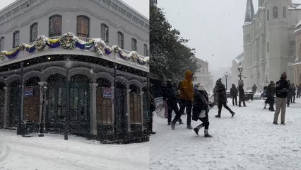 Bourbon Street in New Orleans blanketed in thick layer of snow