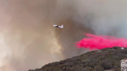 Firefighters tackle raging San Diego wildfire blaze from air with pink powder