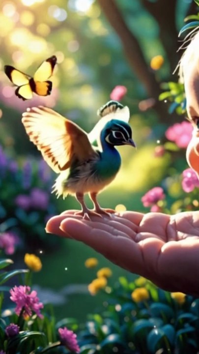 Baby and Peacock Chick in a Magical Garden 🌸✨  Heartwarming Bond #viral #fyp #baby