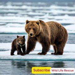 A brown bear and his cub his rescue by a ship