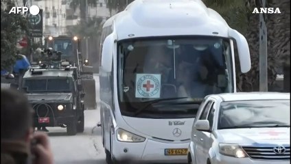 Palestinesi liberati arrivano in Cisgiordania su bus della Croce Rossa