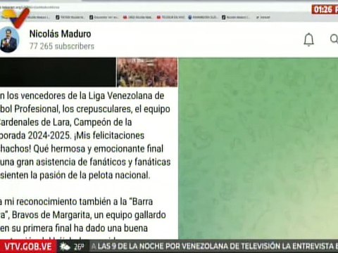 Presidente Nicolás Maduro felicita a Cardenales de Lara tras coronarse campeón de la LVBP