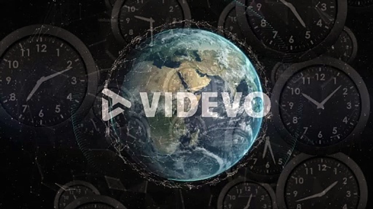 Animation of clocks moving fast over globe spinning