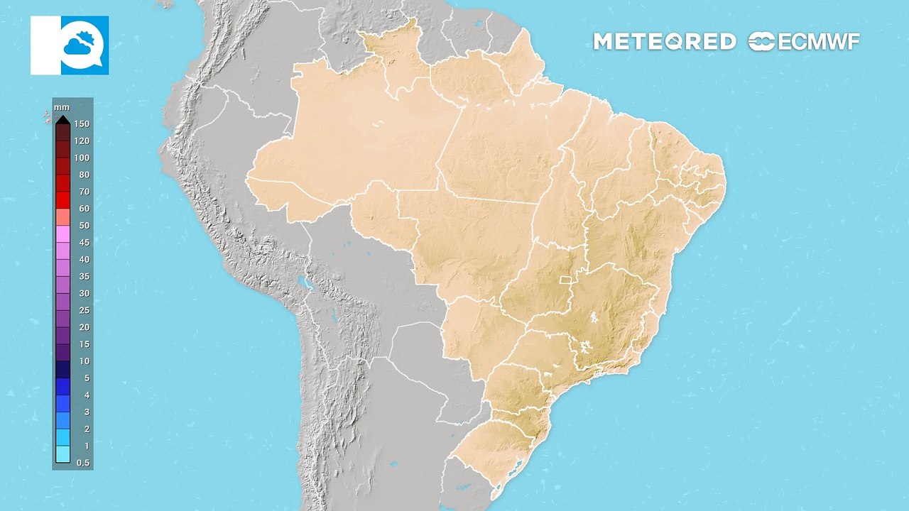 Previsão de acumulados totais de chuva até Quinta-Feira