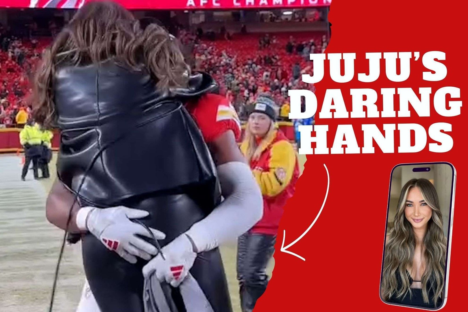 Daring hand! Chiefs? JuJu Smith-Schuster grabs his fiancee?s buttocks in front of a packed Arrowhead Stadium