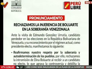 Partido Perú Libre rechaza intromisión de Dina Boluarte en la soberanía venezolana