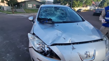 Motociclista fica grudado no capô  após colisão com Peugeot na Rua São Luís