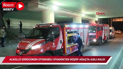 Bakırköy'de, alkollü sürücünün kullandığı otomobil viyadükten düşüp, ağaçta asılı kaldı
