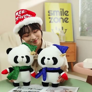Yangzhou new sunrise customize charming soft plush Christmas panda bear with Christmas hat antler scarf cloak accessories