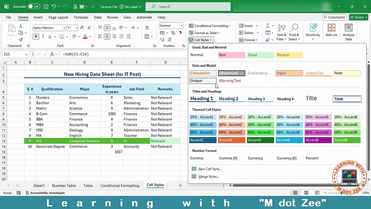 How to use Cell Styles option | Microsoft Excel Tutorial | LECTURE # 10 | Learning with M dot Zee