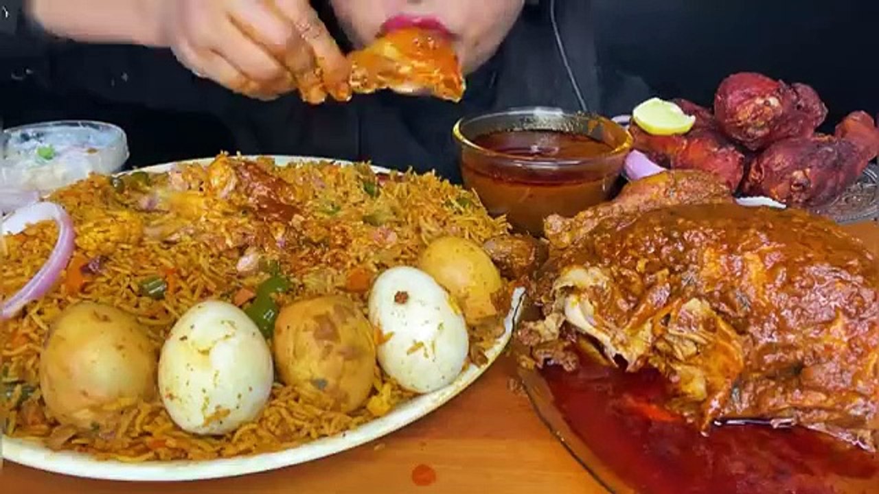 ASMR SPICY MATKA BIRYANI,SPICY WHOLE CHICKEN CURRY,CHICKEN LEG PIECE FRY,RAITA _ FOOD EATING _