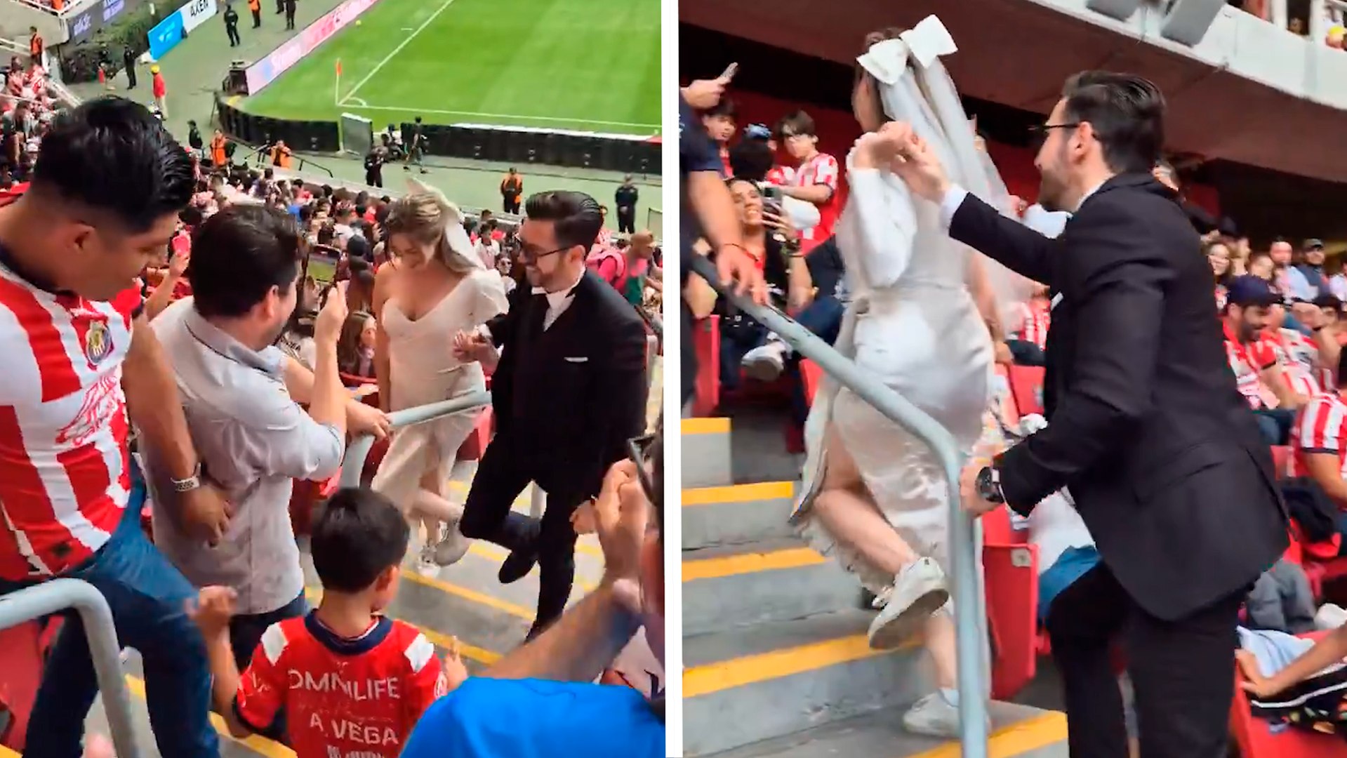 Pareja vestidos de novios se presentan en el Chivas vs. Quertaro y se vuelven virales