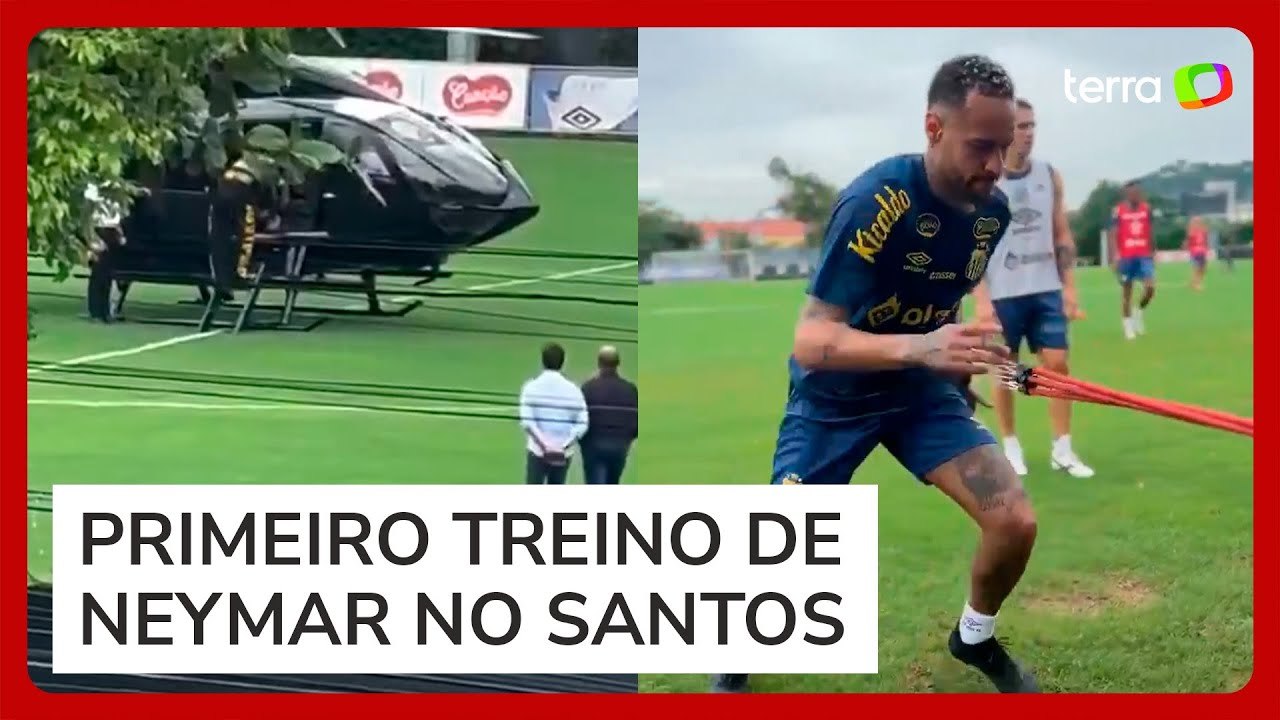 Neymar chega de helicóptero e faz primeiro treino no Santos; veja