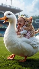 duck playing with baby and cat