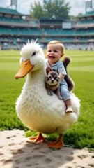 Fluffy duck playing with baby and cat