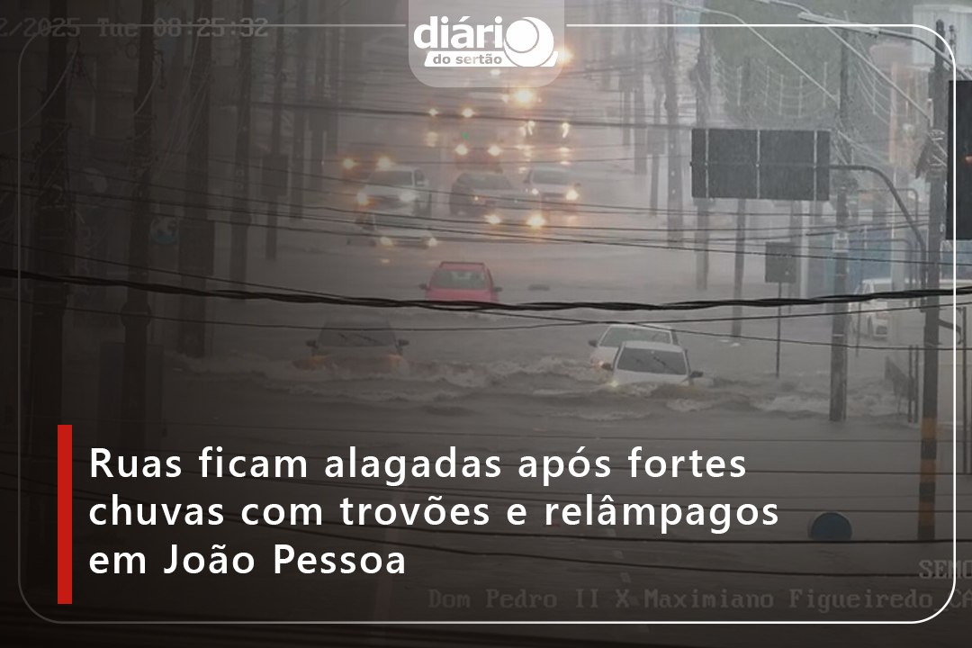 Ruas ficam alagadas após fortes chuvas com trovões e relâmpagos em João Pessoa