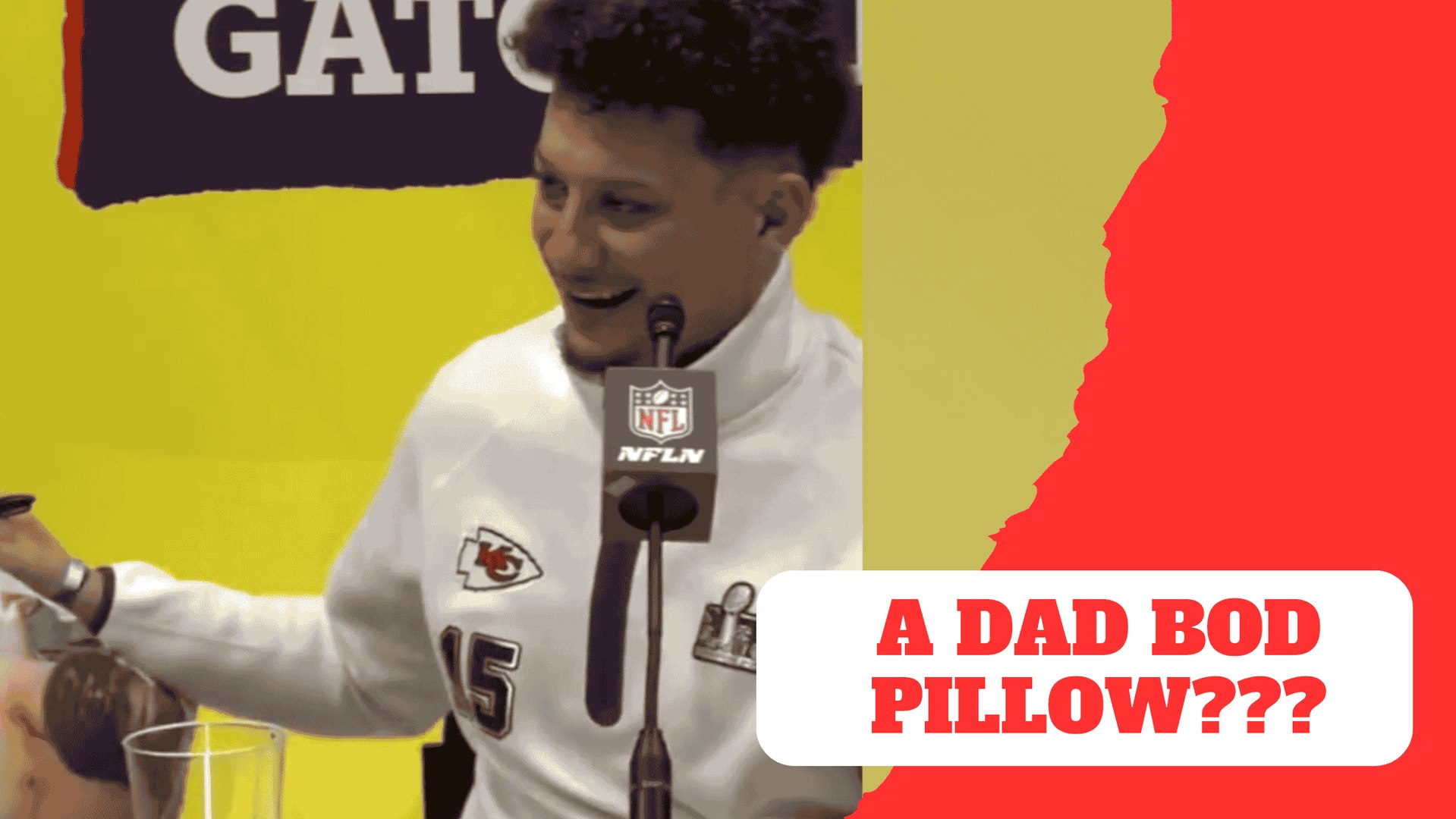 Patrick Mahomes is left speechless when a fan hands him a dad bod pillow to sign